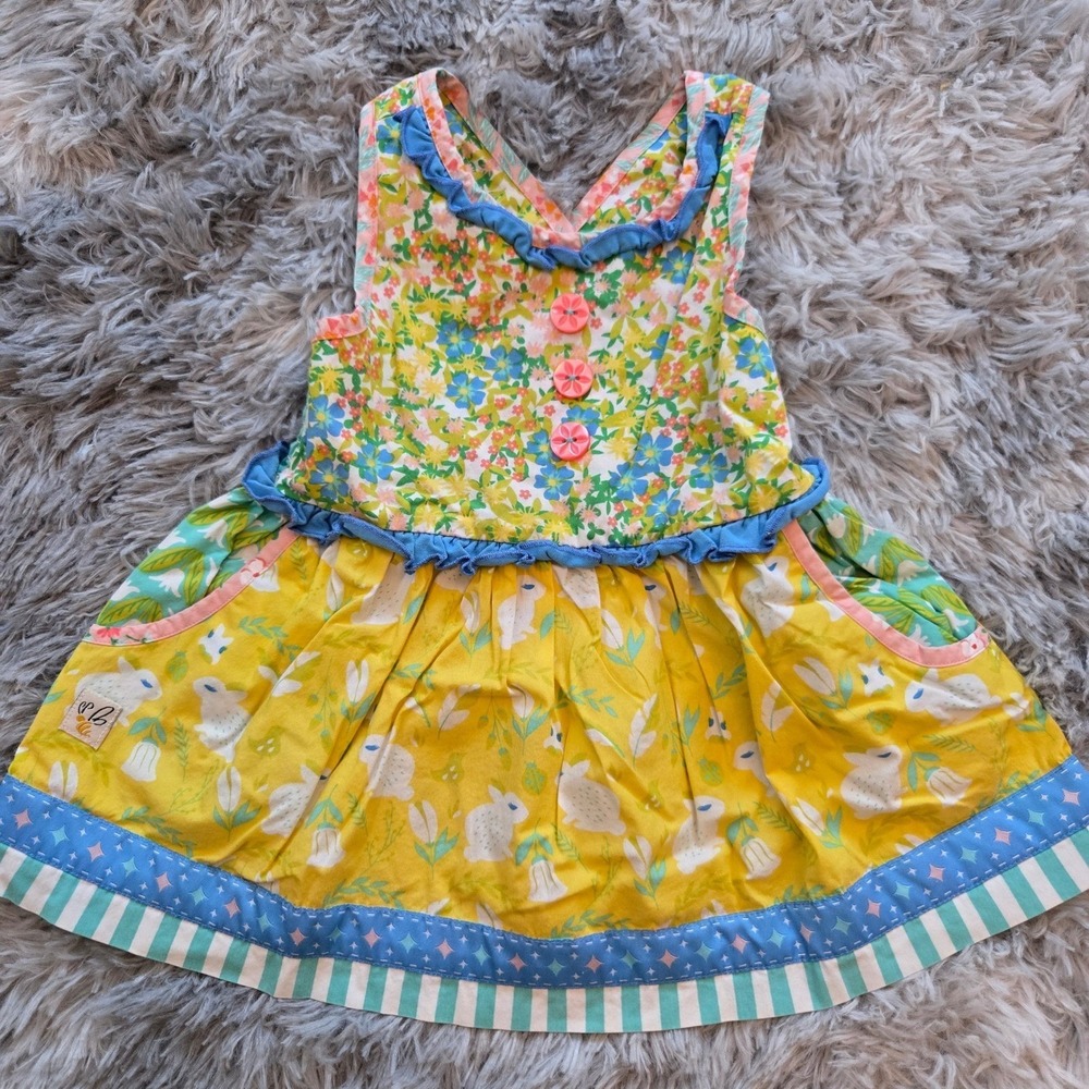 WILDFLOWERS Girls Floral Bunny Print Sleeveless‎ Dress Yellow Blue Ruffle Trim